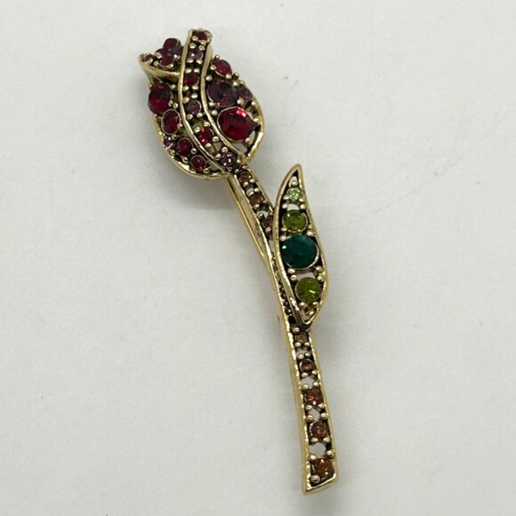 Liz Claiborne Vintage Rosebud Brooch Gold-tone Rhinestones in Original Box - Picture 4 of 16